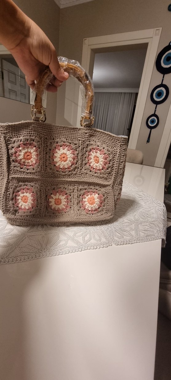 Bej Gri Nakışlı Örgü Bohem Kadın Çanta - Görsel 5