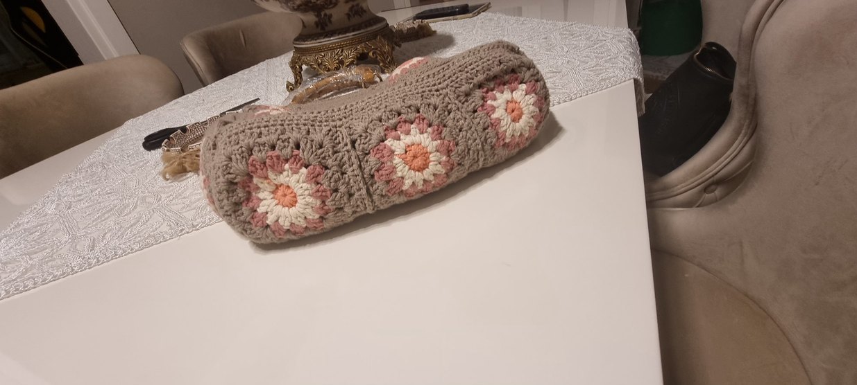 Bej Gri Nakışlı Örgü Bohem Kadın Çanta - Görsel 3