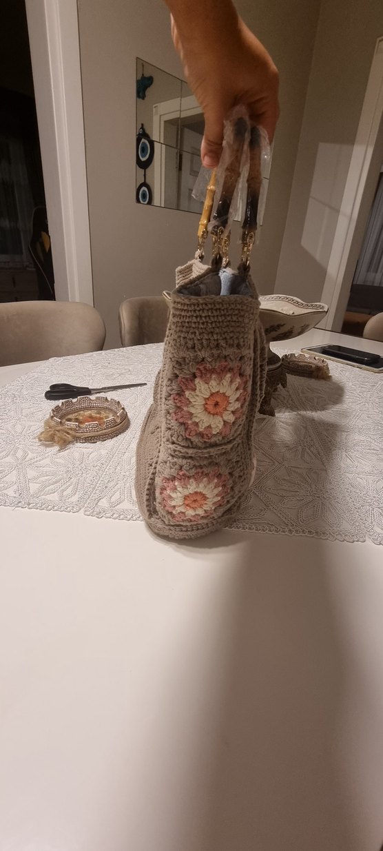 Bej Gri Nakışlı Örgü Bohem Kadın Çanta - Görsel 4