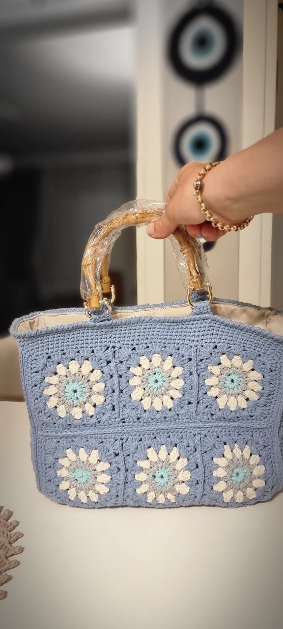 Mavi Örgü Çiçek Desenli Bohem Kadın Çanta - Görsel 3