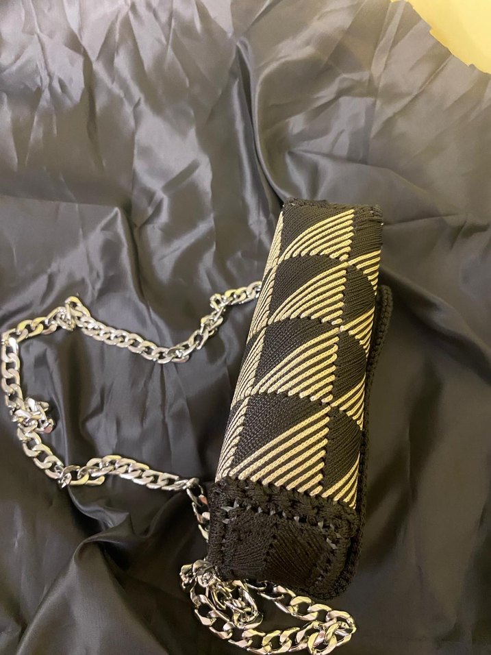 Zincir Detaylı SiyahKadın Clutch Çanta kanvas el işlemesi canta - Görsel 4