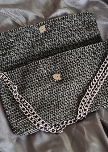 Gri Zincir Detaylı Örgü Kadın Çanta pullu - Görsel 6