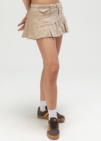 Urban Outfitters Bej Keten Mini Şort Etek Pilili Rahat Kesim