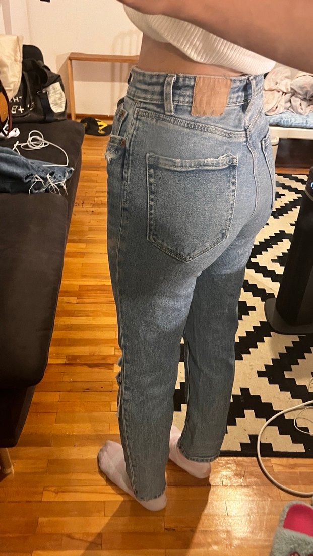 Kadın Gri Mavi Beli Tokalı Bağcıklı Denim Pantolon - Görsel 2