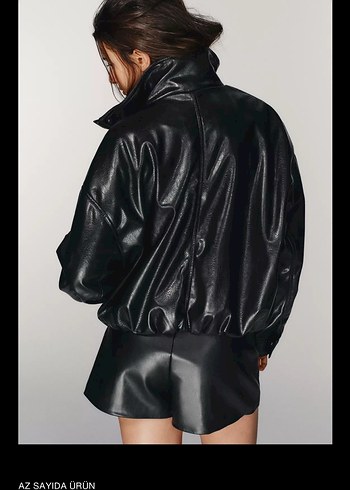 Siyah Deri Mini Ceket Yüksek Yaka - Görsel 2