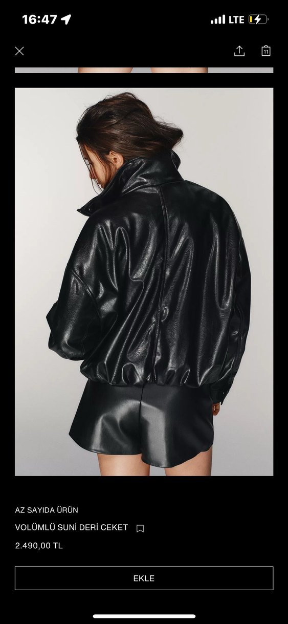 Siyah Deri Mini Ceket Yüksek Yaka - Görsel 2