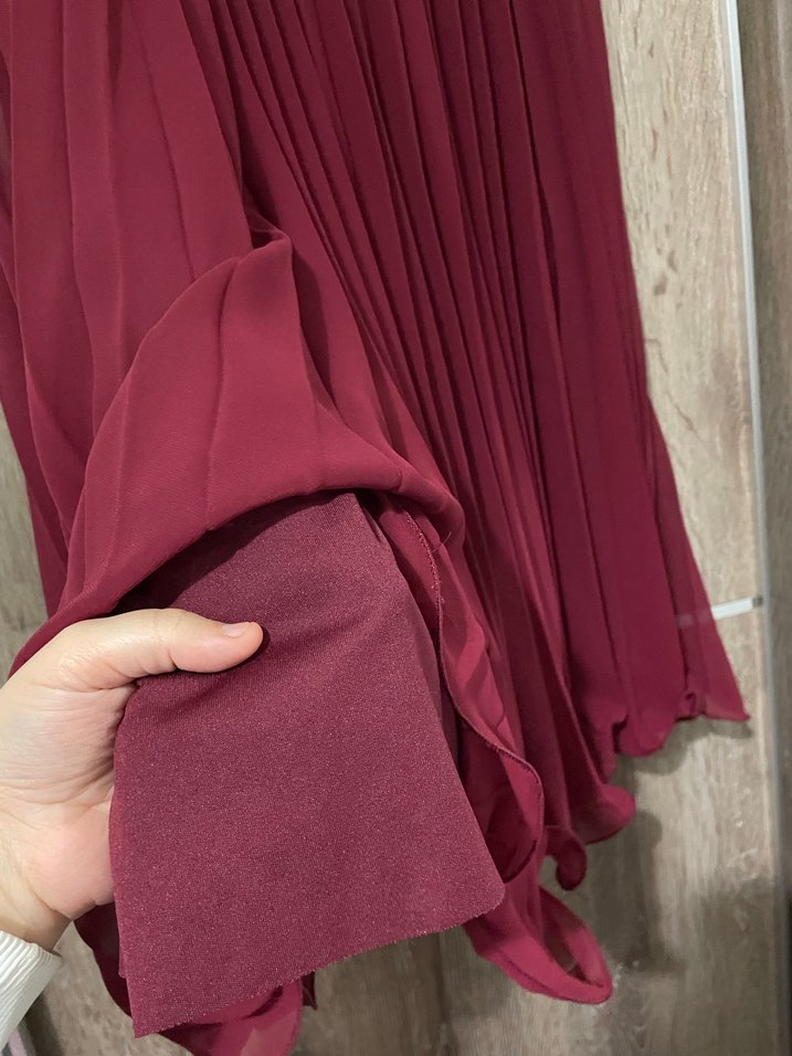 Bordo Volanlı Pilili Uzun Kadın Etek - Görsel 4