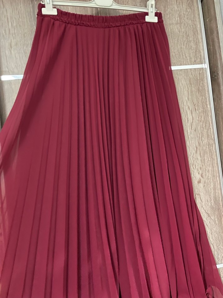 Bordo Volanlı Pilili Uzun Kadın Etek - Görsel 2