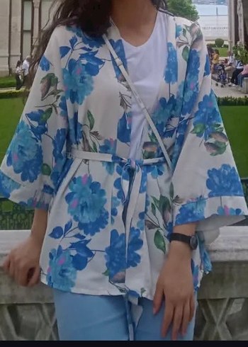 l Beden Mavi Çiçekli Bohem Kadın Kimono