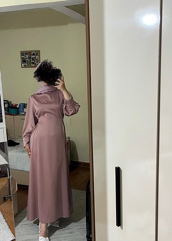 Diğer Uzun Kol, Yüksek Yakalı Pembe Kadın Elbise