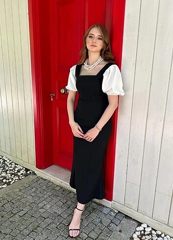 l Beden siyah Renk Balon Kol Kare Yaka Siyah Elbise 