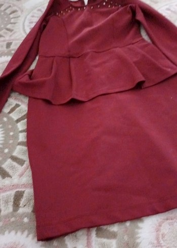 Bordo Uzun Kollu V Yaka Kadın Elbise