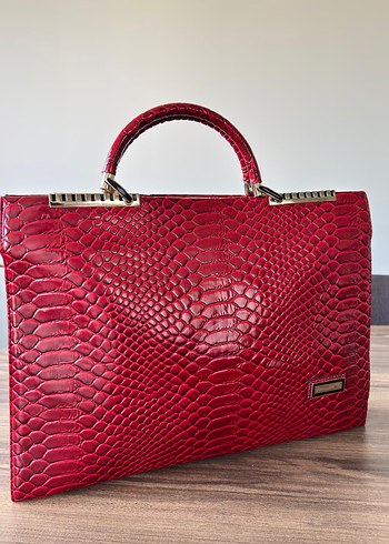 Kırmızı Yılan Derisi Desenli Vintage Deri Çanta - Görsel 7