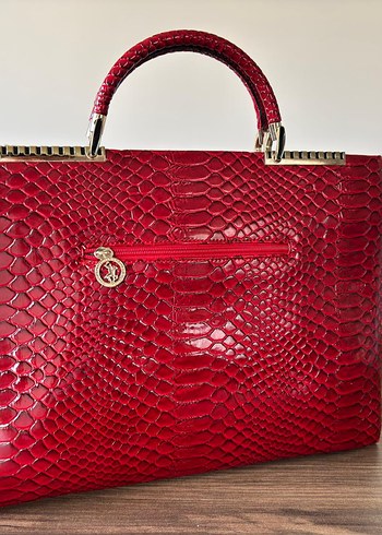 Kırmızı Yılan Derisi Desenli Vintage Deri Çanta - Görsel 4
