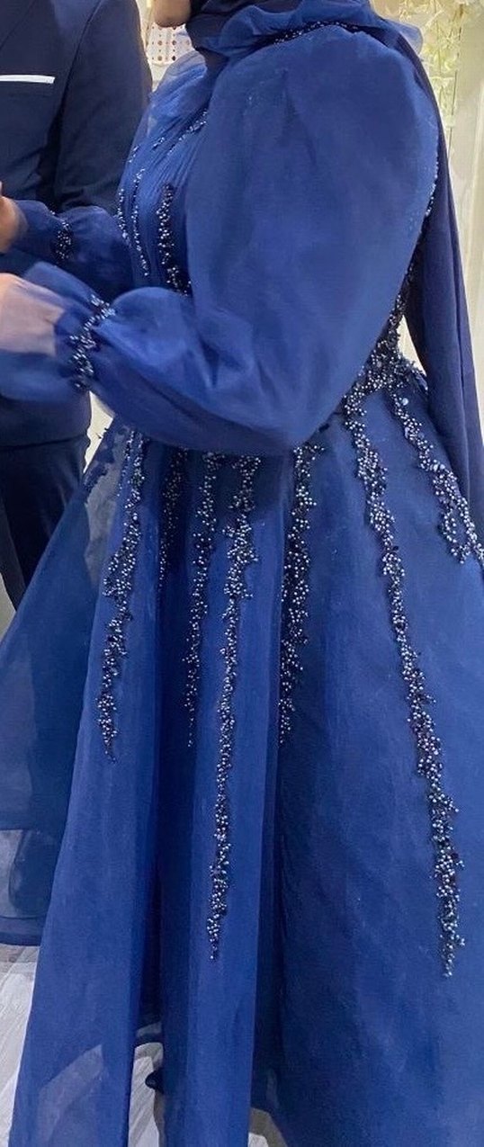 Boncuk İşlemeli Lacivert Uzun Abiye Elbise - Görsel 2