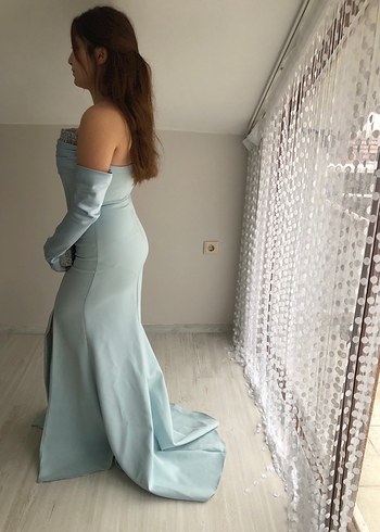Alfabeta Mavi Drapeli Uzun Kol Abiye Elbise