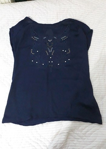 Kadın Lacivert Midi Nakışlı tisort y2k - Görsel 4