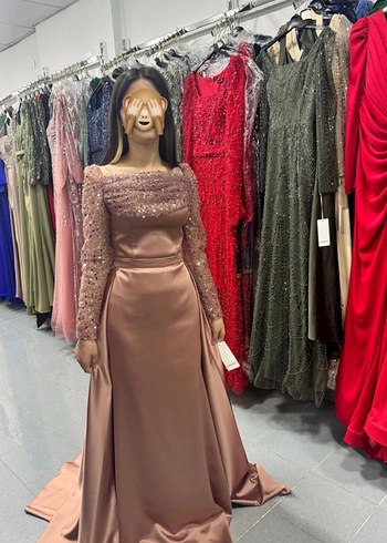 Uzun Kollu bakır rengı Saten Abiye Elbise