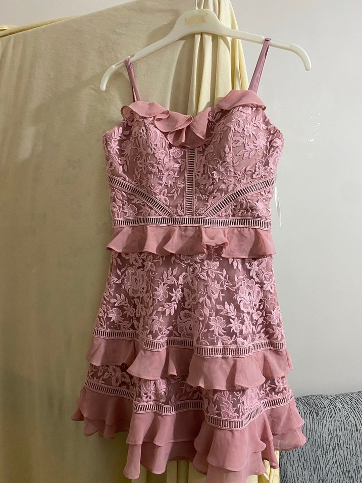 Pembe Nakışlı Mini Fırfırlı Kadın Elbise - Görsel 3