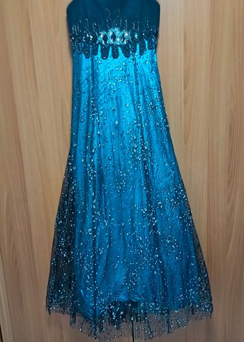 Boncuk İşlemeli Lacivert Uzun Abiye Elbise - Görsel 7