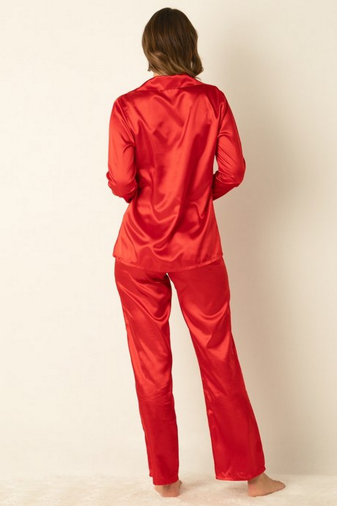 Kırmızı uzun kollu saten pijama takımı - Görsel 2