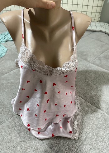 Nakışlı Kırmızı Kalp Desenli Kadın Mini Pijama Takımı - Görsel 4