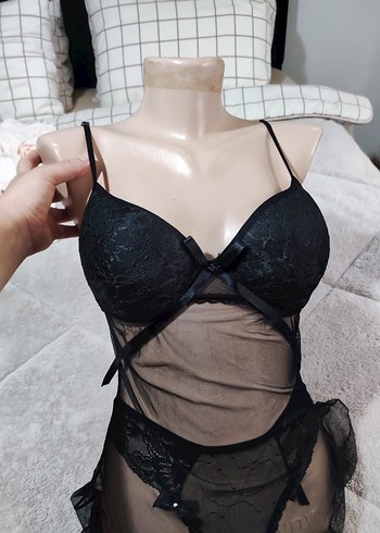 s Beden Siyah Gotik Mini İp Askılı Kadın Gecelik