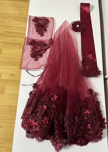 Bordo Dantel Detaylı Bohem Gelin Aksesuar Seti - Görsel 2