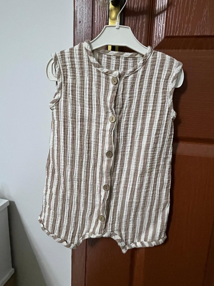 müslim Kumaşlı kren kahve çizgili Bebek Tulum - Görsel 2