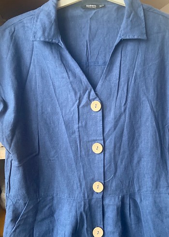 Düğmeli Lacivert Keten Midi Elbise - Görsel 2