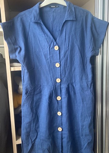 Düğmeli Lacivert Keten Midi Elbise - Görsel 3