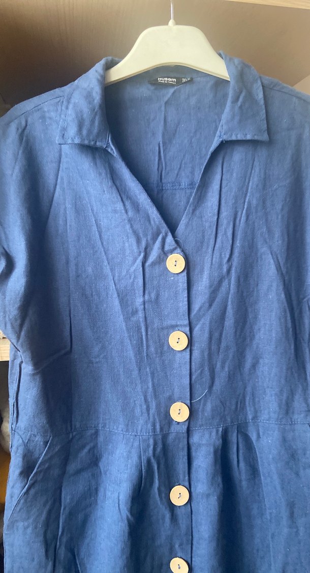 Düğmeli Lacivert Keten Midi Elbise - Görsel 2