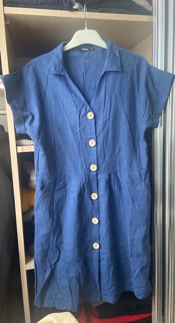 Düğmeli Lacivert Keten Midi Elbise - Görsel 3