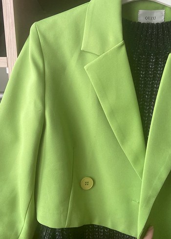 Parlak Yeşil, Düğmeli, Uzun Kollu Kadın Blazer - Görsel 3