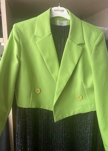 Parlak Yeşil, Düğmeli, Uzun Kollu Kadın Blazer - Görsel 4