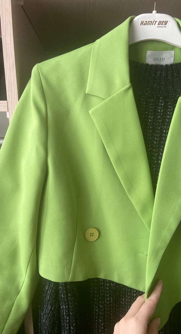 Parlak Yeşil, Düğmeli, Uzun Kollu Kadın Blazer - Görsel 3