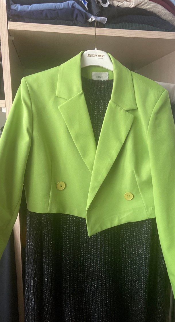 Parlak Yeşil, Düğmeli, Uzun Kollu Kadın Blazer - Görsel 4