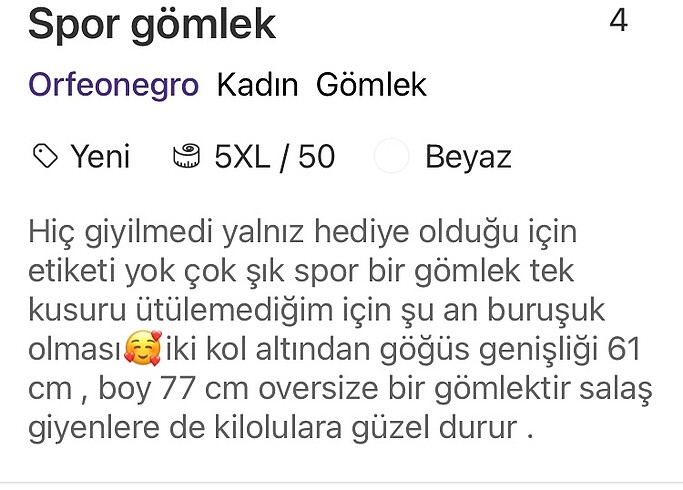 50 Beden beyaz Renk Spor gömlek