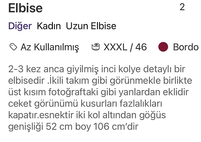 46 Beden bordo Renk Elbise