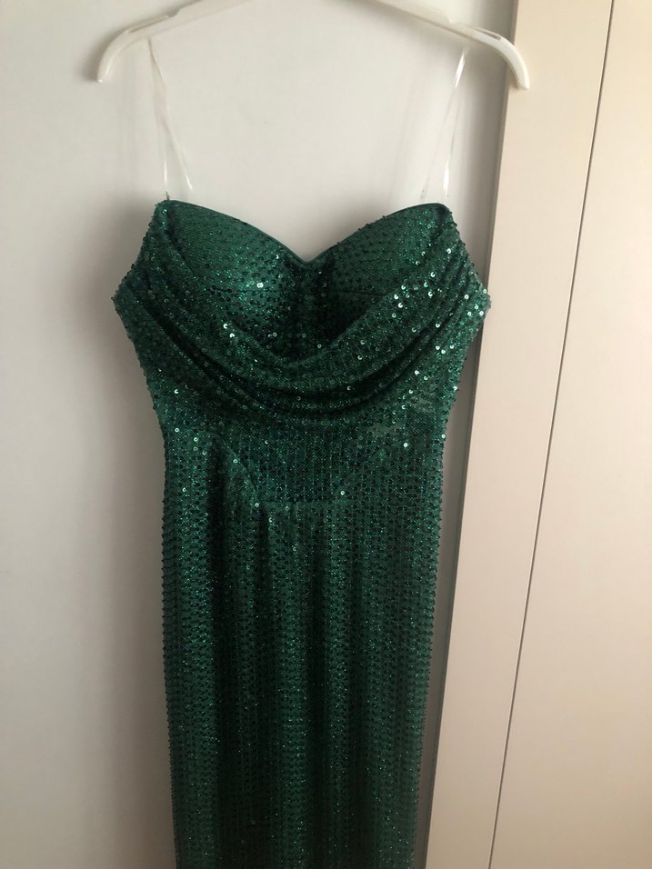 Yeşil Parlak Drapeli Straplez Uzun Abiye Elbise - Görsel 2