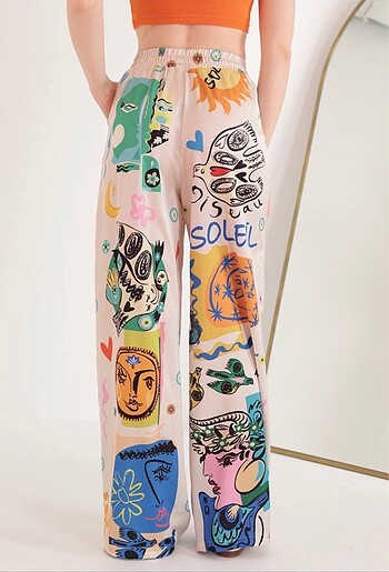 Tasarımcı Saten Kumaş Soleil Desen Beli Lastikli Kadın Pantolon-Bej
