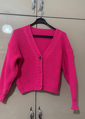 Pembe V Yaka Örgü Kadın Hırka