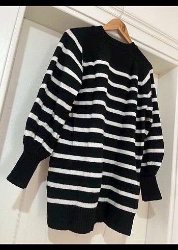 Siyah Gri Çizgili Örgü Kadın Kazak - Görsel 3