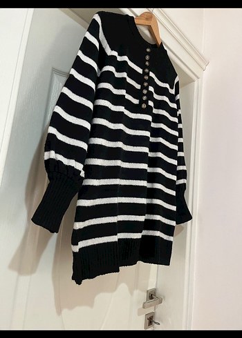 Siyah Gri Çizgili Örgü Kadın Kazak - Görsel 2