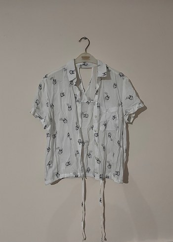 Düğmeli Baskılı Beyaz Kadın Gömlek - Görsel 2