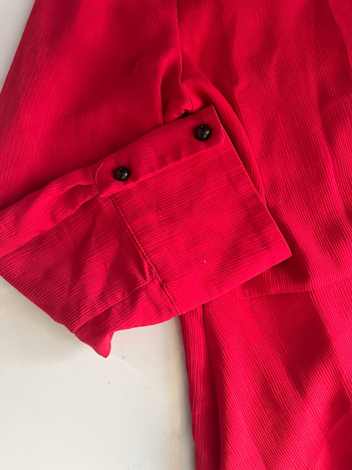 Kırmızı Uzun Keten Kadın Kaban - Görsel 4