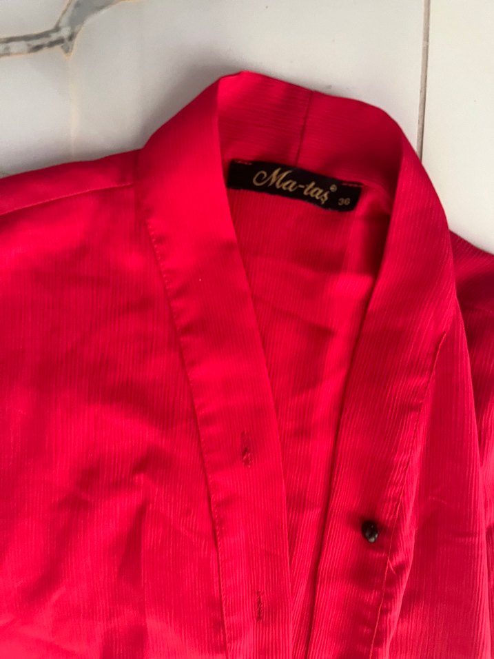 Kırmızı Uzun Keten Kadın Kaban - Görsel 3