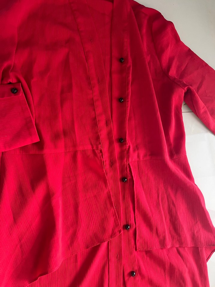 Kırmızı Uzun Keten Kadın Kaban - Görsel 5