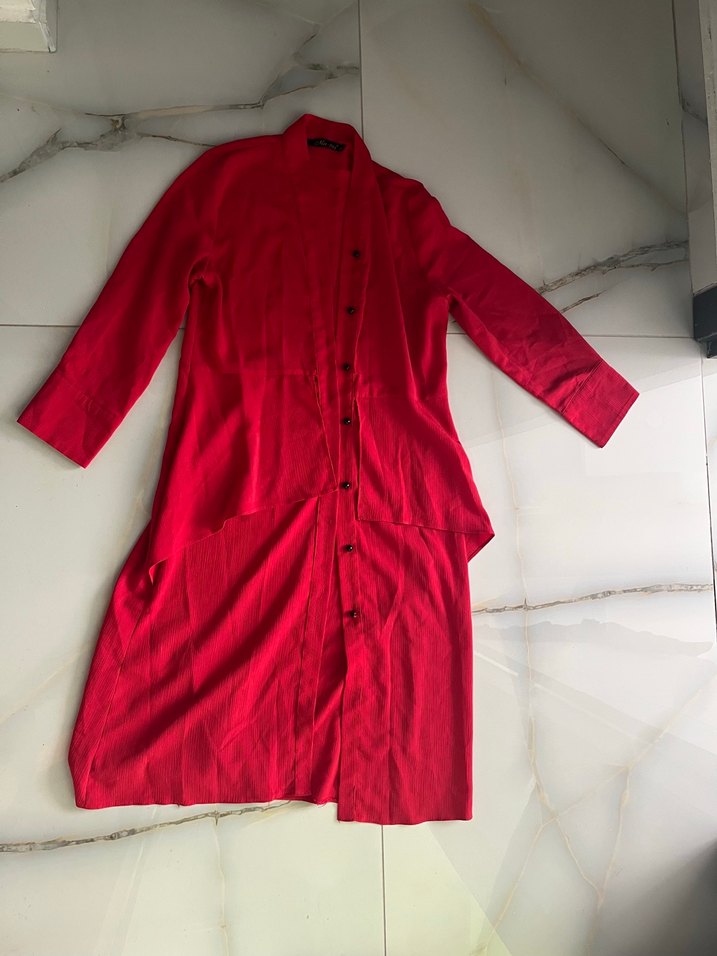 Kırmızı Uzun Keten Kadın Kaban - Görsel 2