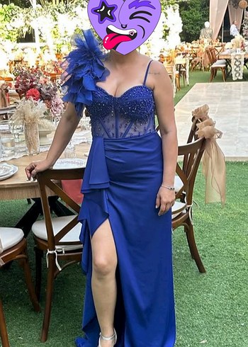 Straplez Lacivert Uzun Drapeli Abiye Elbise - Görsel 2